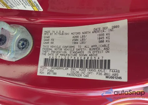 2010 Mitsubishi Eclipse Spyder Gs из США, поврежденный, VIN 4A37L2EF8AE006547